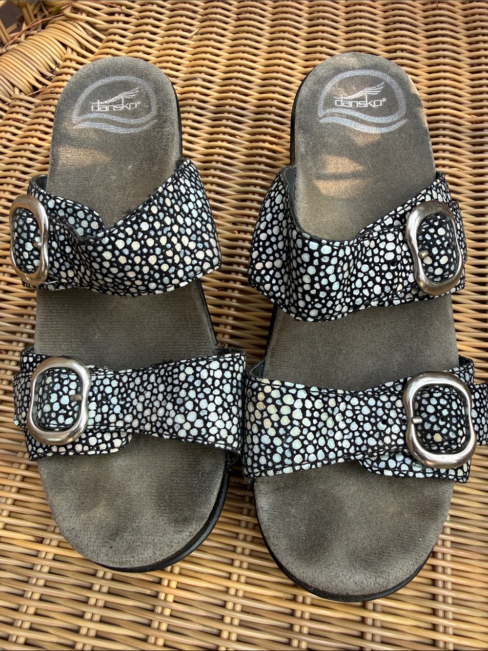 Dansko Black Pebble-Print Double Strap Slide Sandals, size 37 (6 1/2-7)